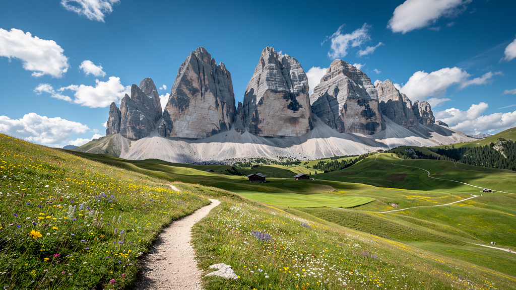 The Seceda ridgeline's saw-tooth peaks rising above green alpine pastures in the Dolomites