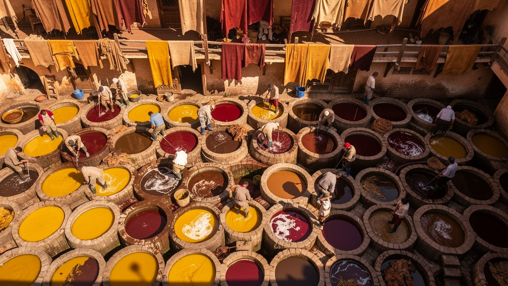 The ancient Chouara tannery in Fès with its iconic dyeing vats
