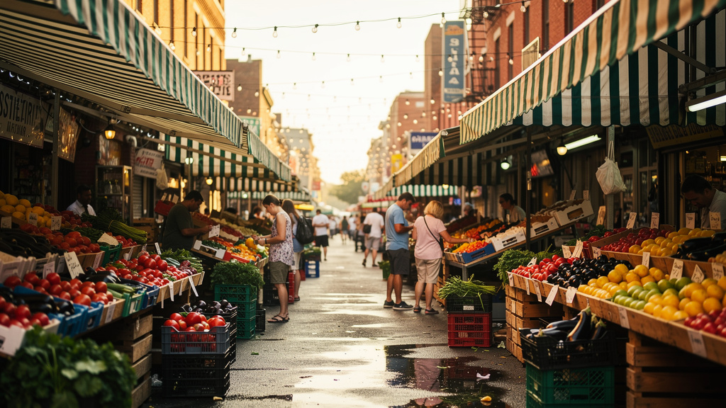 The 9th Street Italian Market in Philadelphia on a summer morning, striped awnings over produce stalls